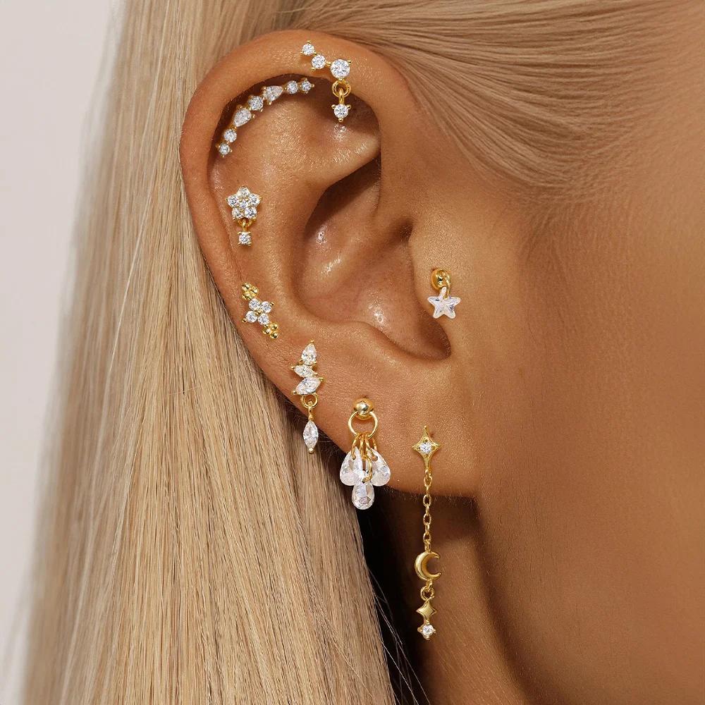 925 Sterling Silver Star Moon Cartilage Earring – 18K Gold Zircon
